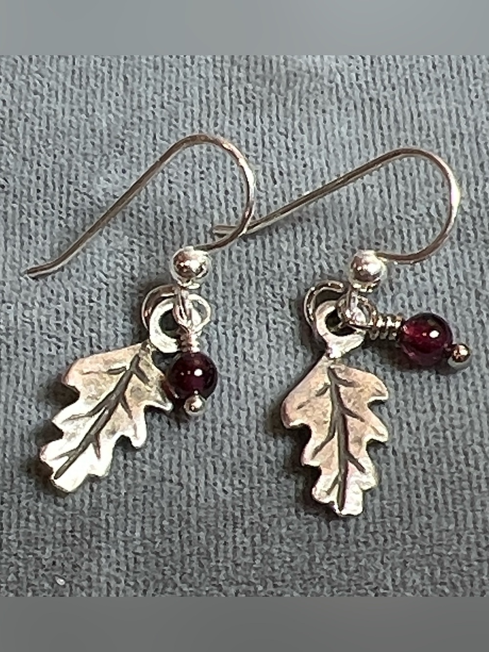Garnet gemstones with oak leaf charms Sterling Silver earwires, dangle earring - Picture 3 of 9